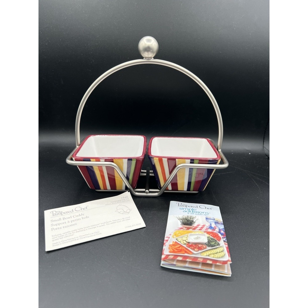 🍽️Pampered Chef Simple‎ Additions Small Bowl Caddy w/ 2 Striped Bowls – NIB
